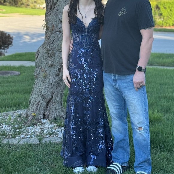 Ellie Wilde EW36003 - Floral Sequin Lace Mermaid Prom Dress Navy - Picture 1 of 7